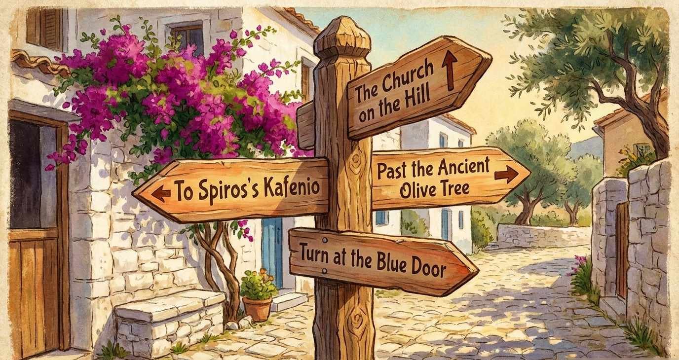 how to navigate the traditional address system of Corfu Island, Greece.